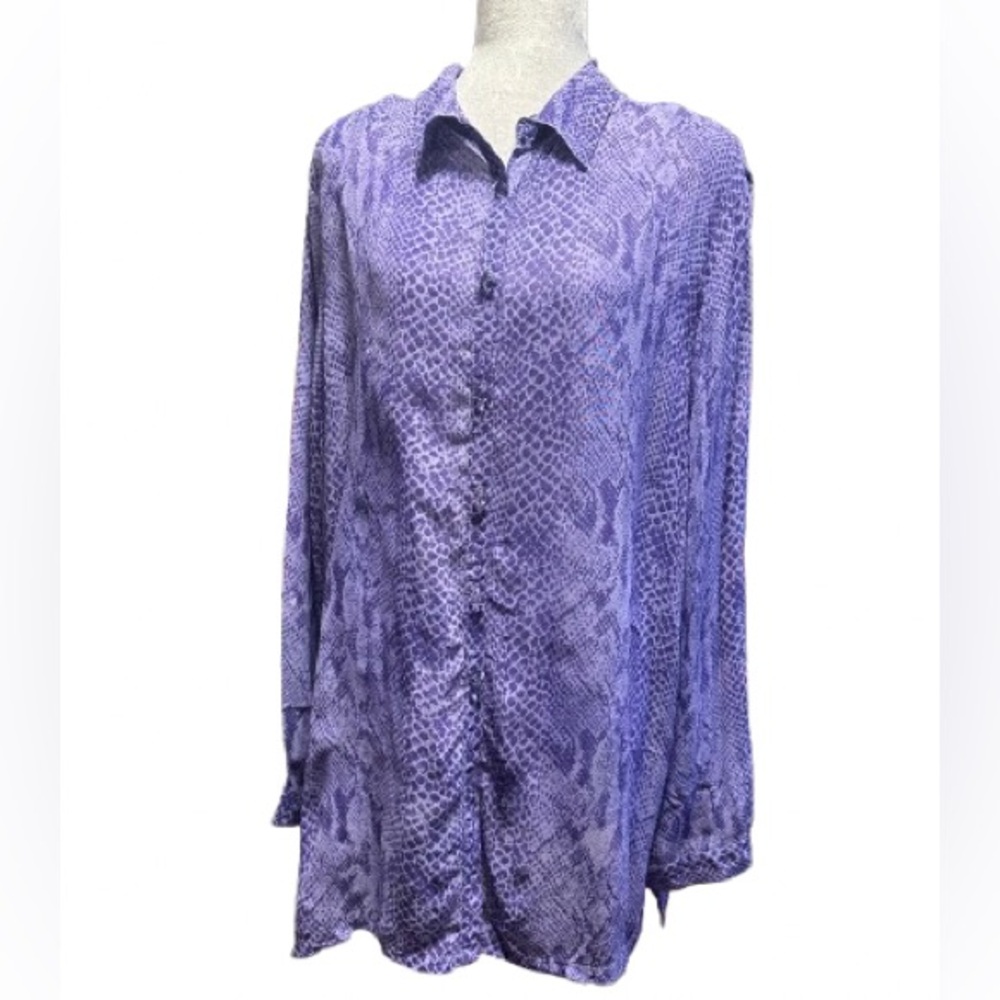 VTG Koret Lavender Snakeskin Print Blouse XL Rayon Button Front Sheer Y2K
